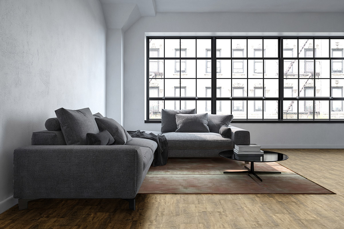 The interior of a luxury, contemporary lounge room next to wide Laminati Skema